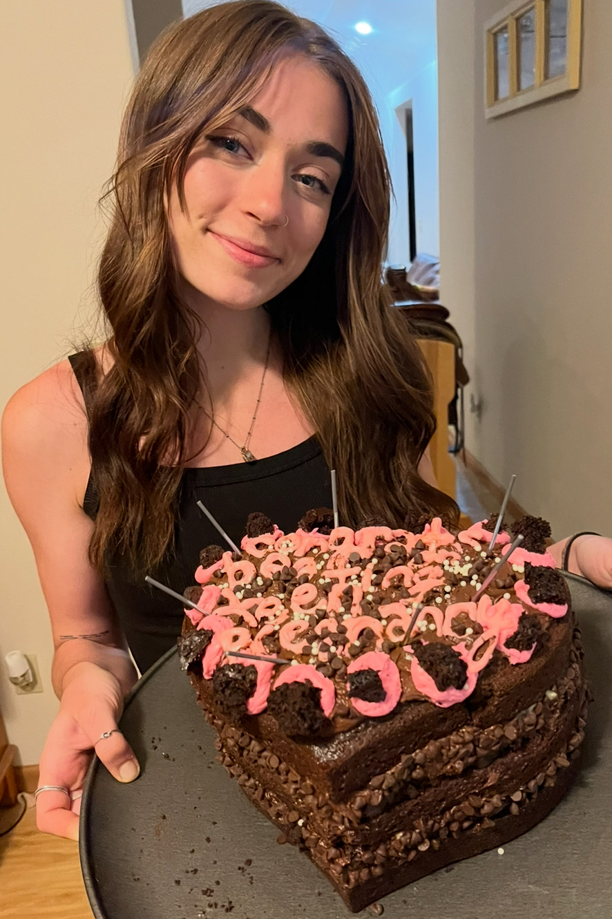 Abbey from Messy Marvin's with a chocolate cake